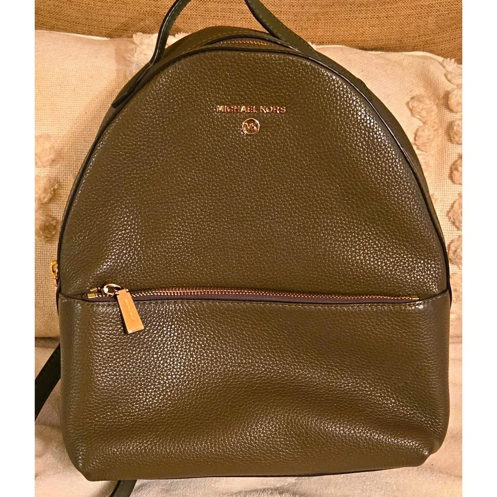 Michael Kors Green Pebbled Zip Backpack Gold Tone Hardware Adjustable Straps